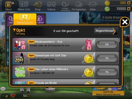 Golf Star Missionen Meilensteine Übersicht
